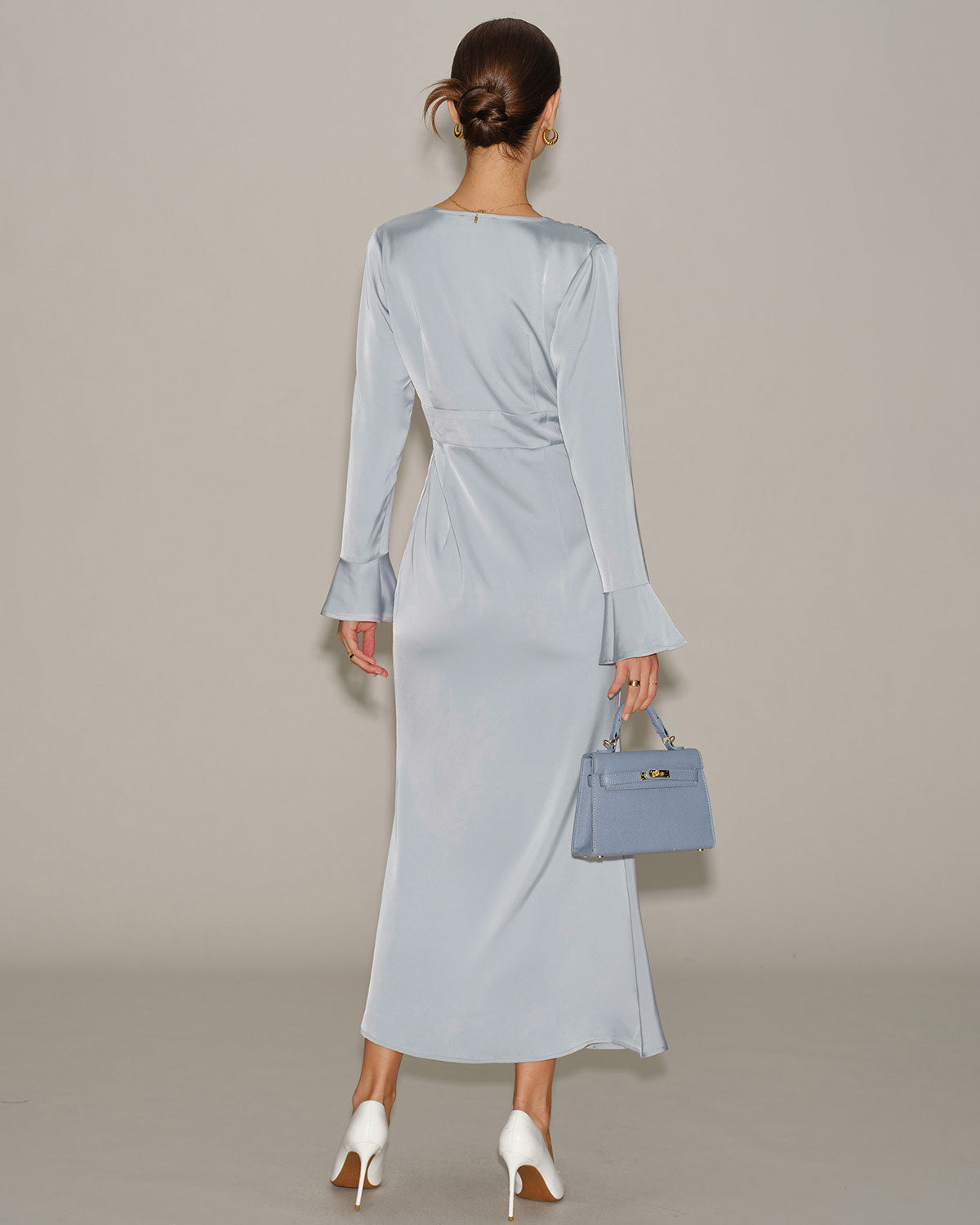 Grey Satin Bell Sleeve Maxi Dress