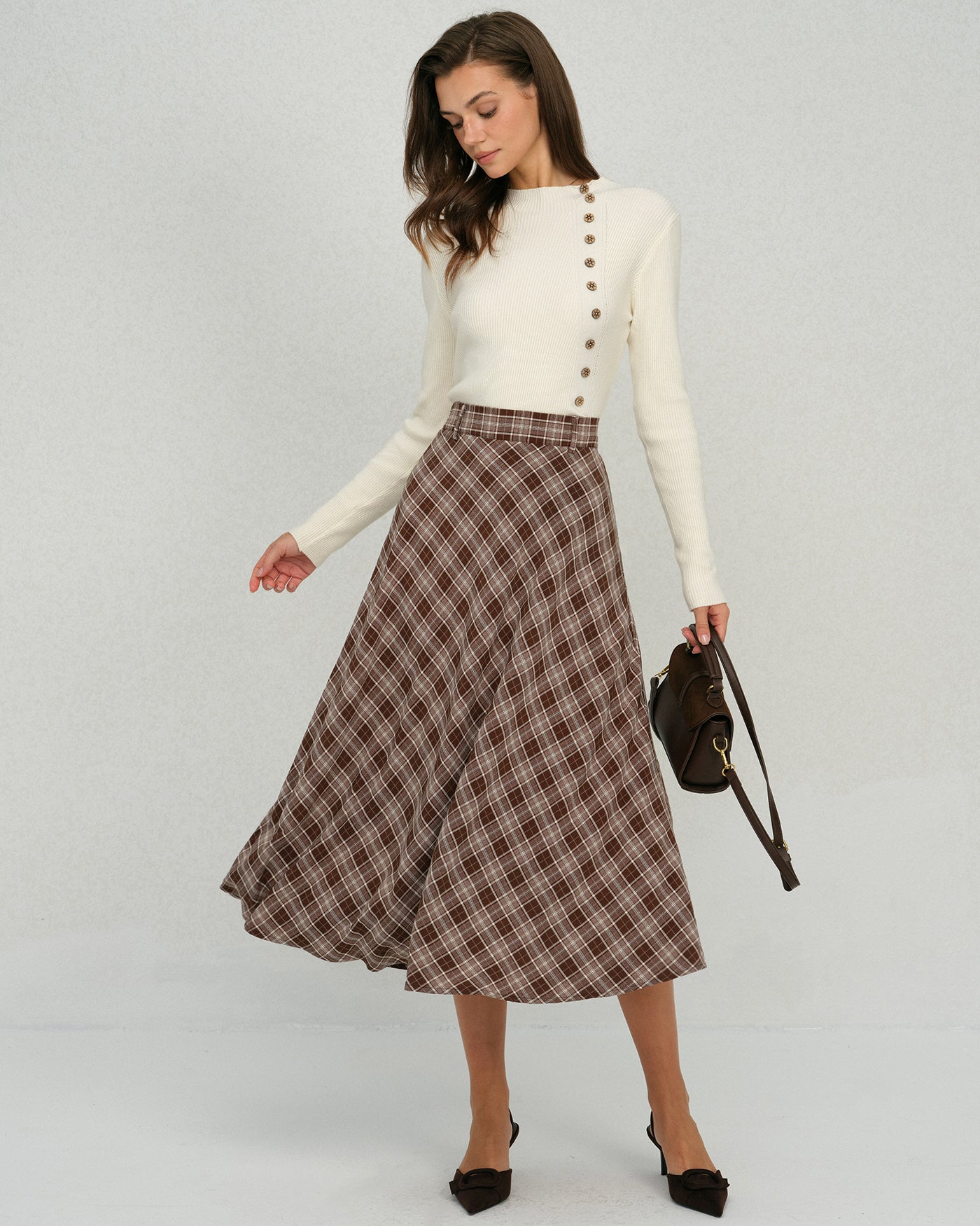 Brown Plaid Floral A-Line Midi Skirt