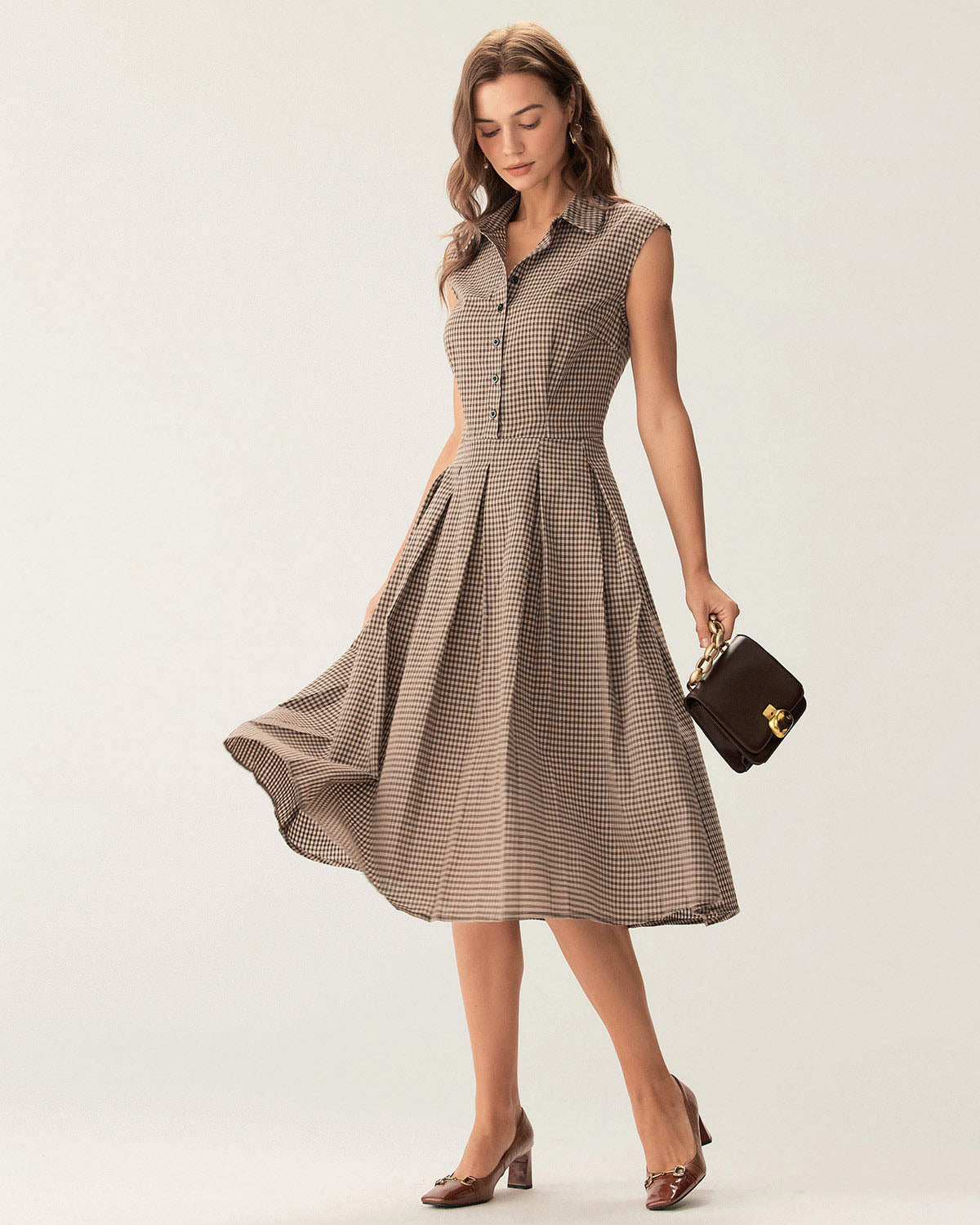 Brown Plaid Button Pleated Midi Dress
