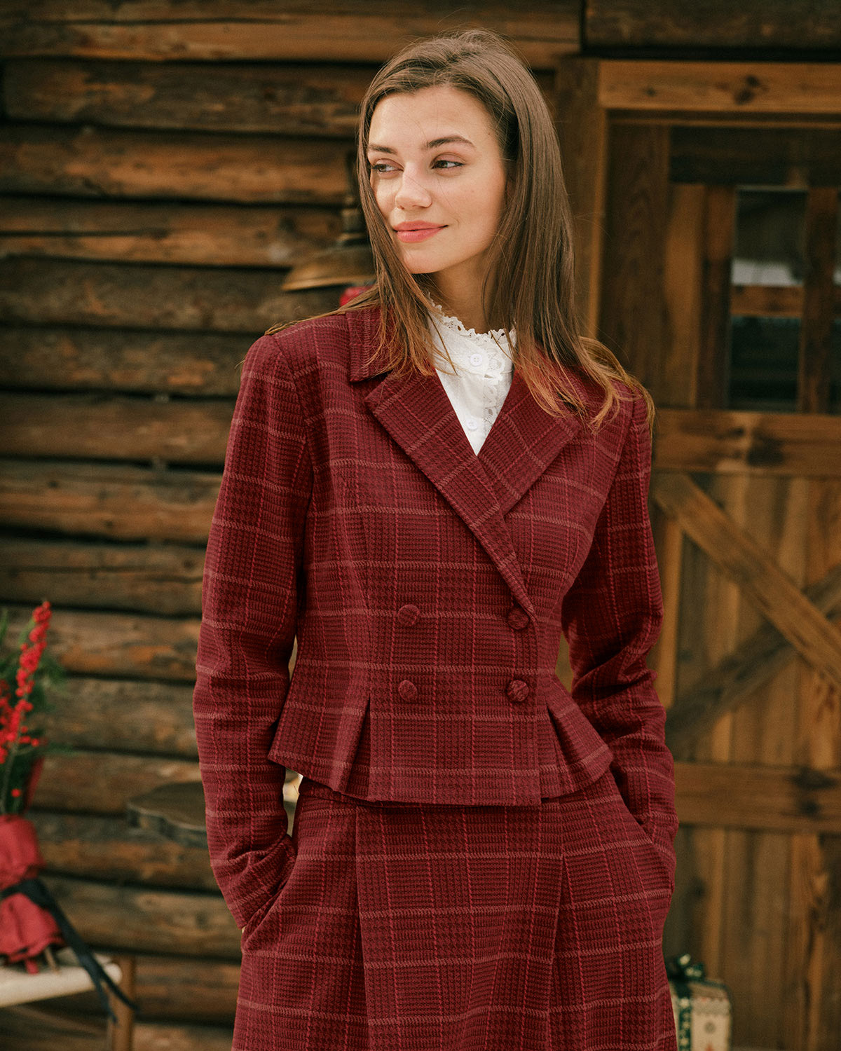 Red Plaid Double Breasted Jacket