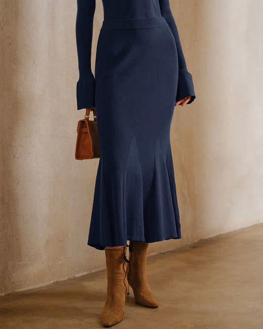 Navy Knit Mermaid Midi Skirt