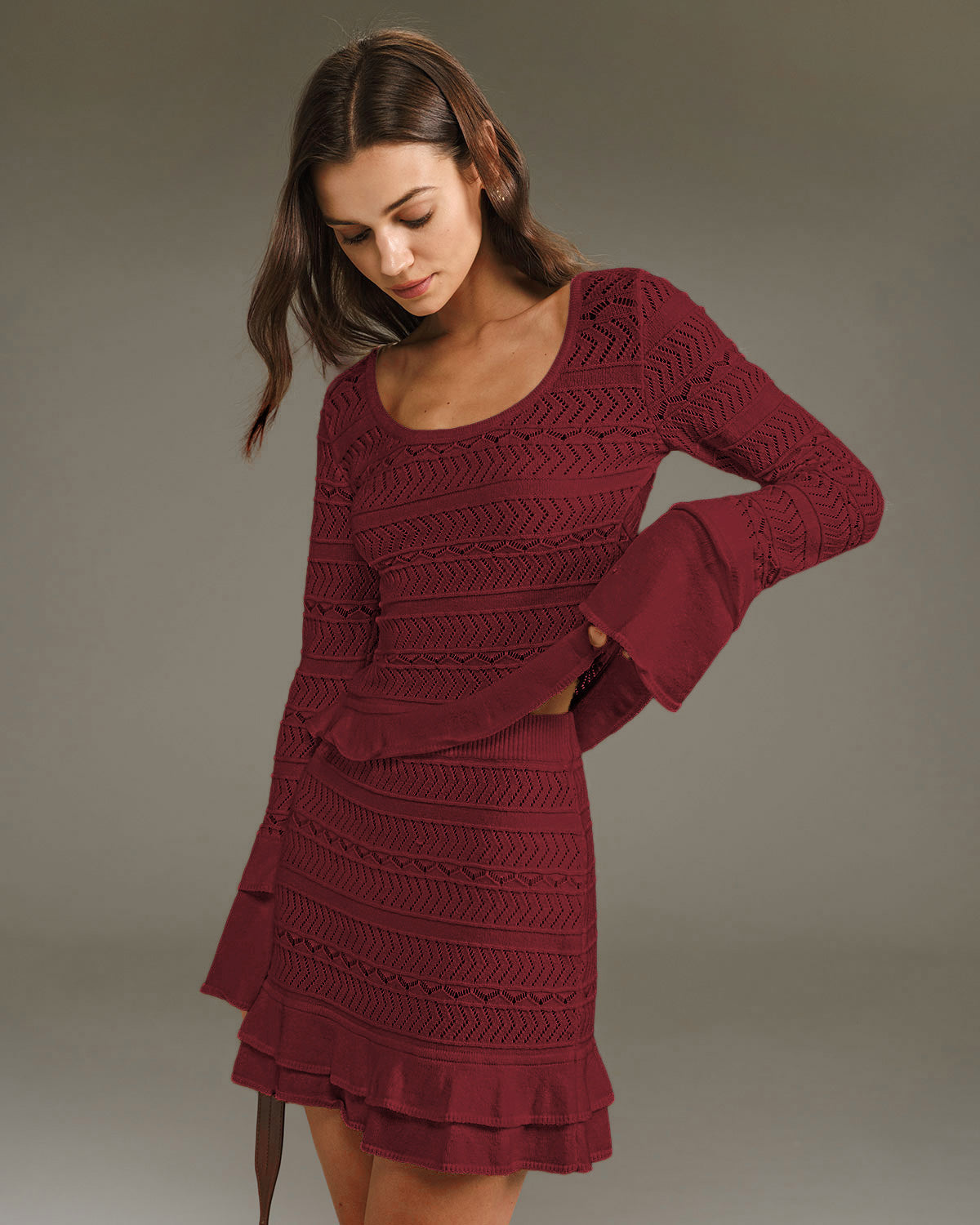 Wine Red Ruffle Knit Mini Skirt