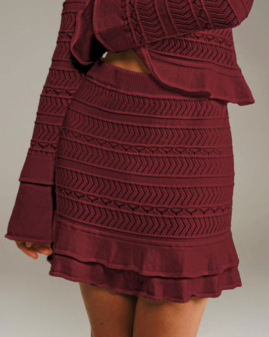 Wine Red Ruffle Knit Mini Skirt