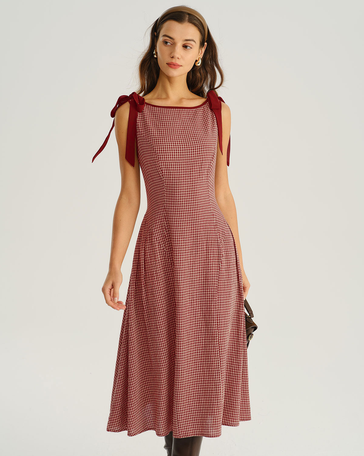 Red Plaid Tie Strap A-Line Midi Dress