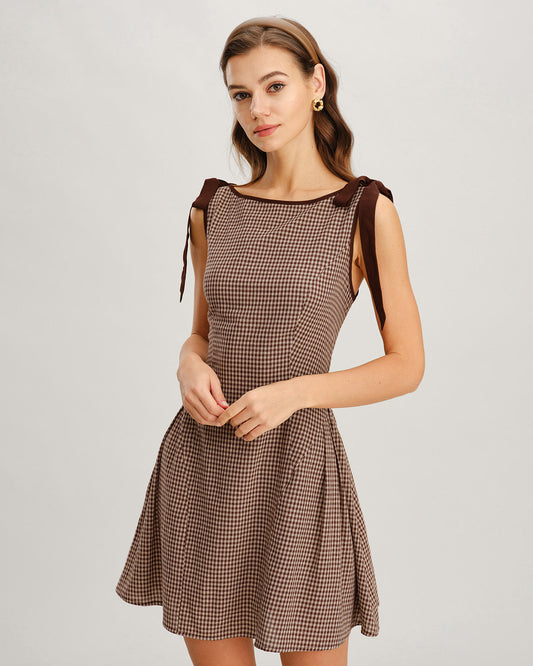 Brown Plaid Tie Strap Mini Dress