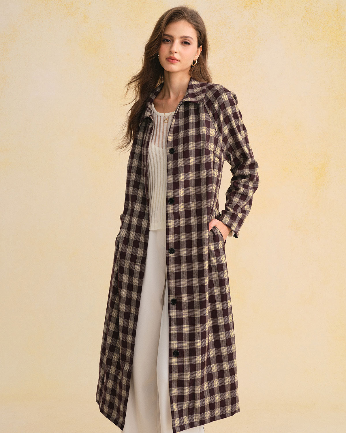 Brown Plaid Pocket Long Coat