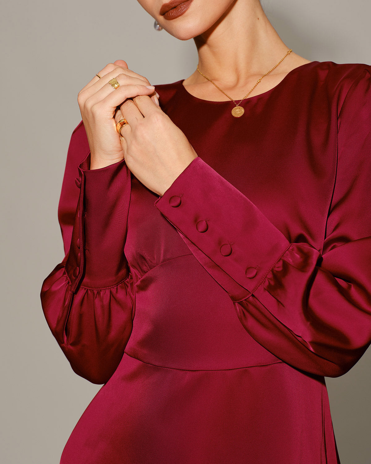 Wine Red Satin A-Line Midi Dress