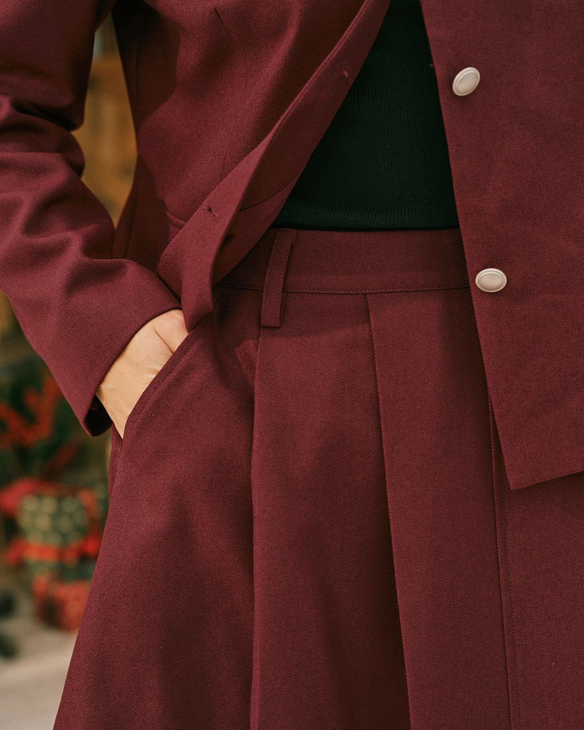Wine Red Pleated A-Line Midi Skirt