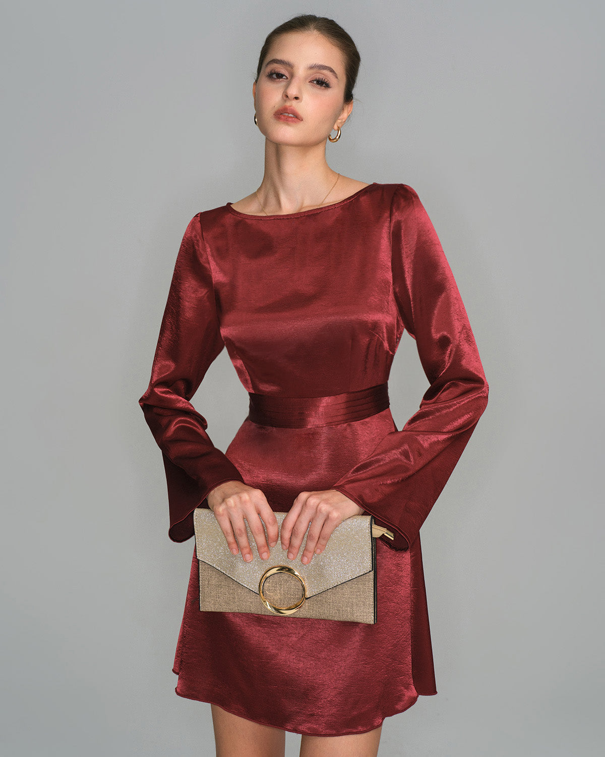 Wine Red Satin Bell Sleeve Mini Dress