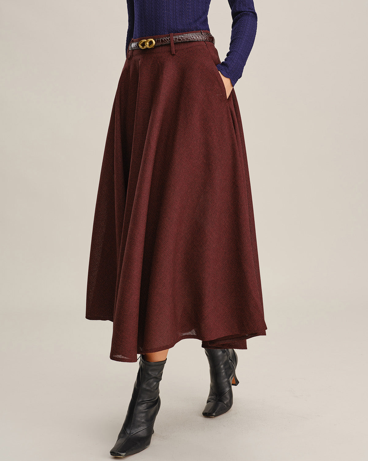 Wine Red A-Line Pocket Midi Skirt
