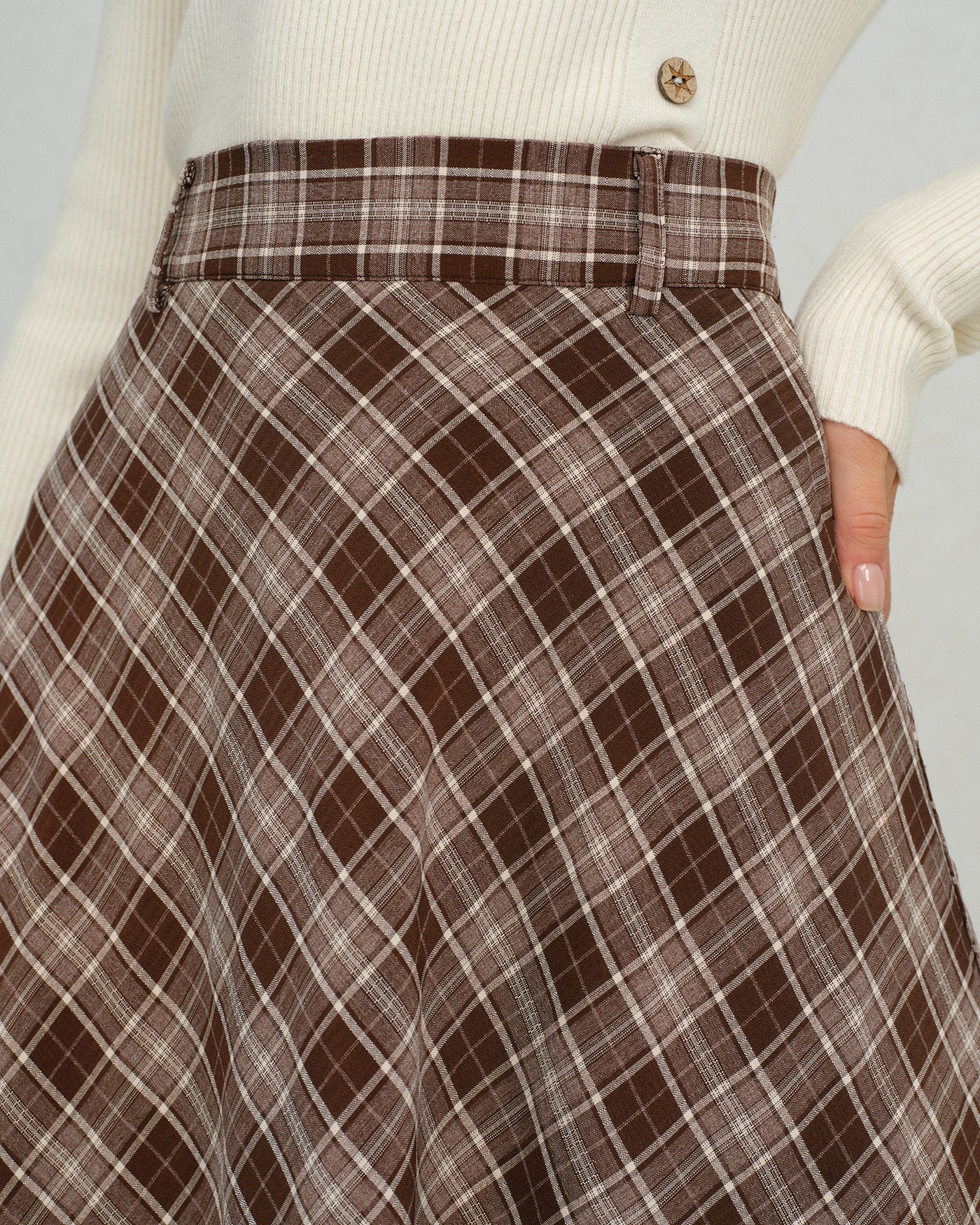 Brown Plaid Floral A-Line Midi Skirt