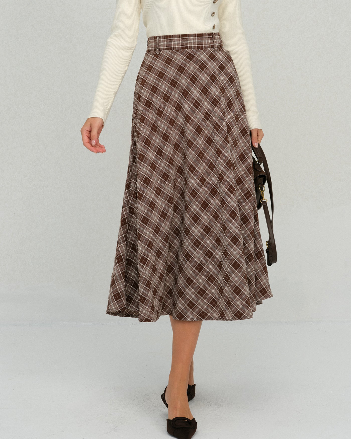 Brown Plaid Floral A-Line Midi Skirt